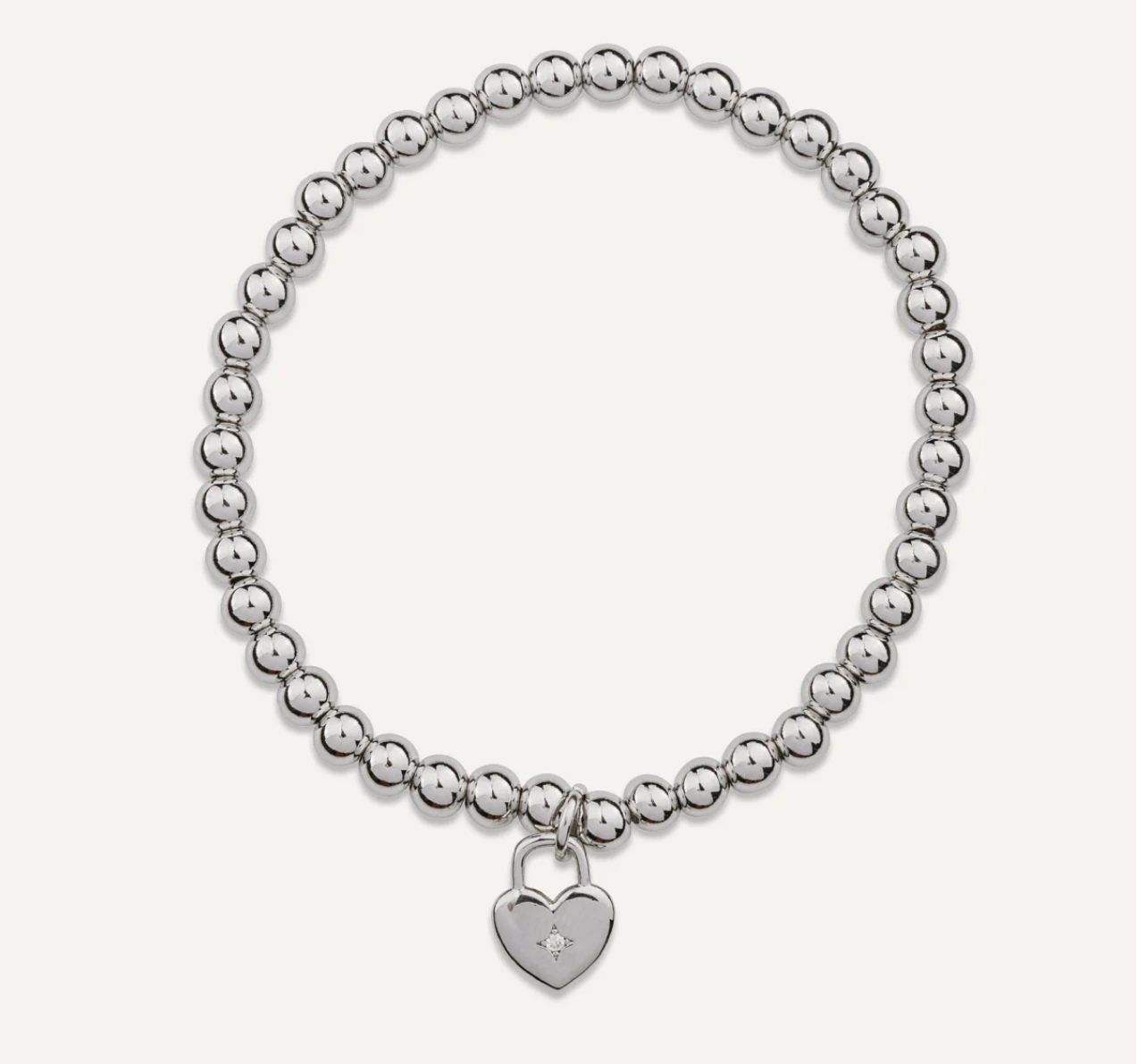 Padlock Heart Charm Rhodium Silver Beaded Bracelet