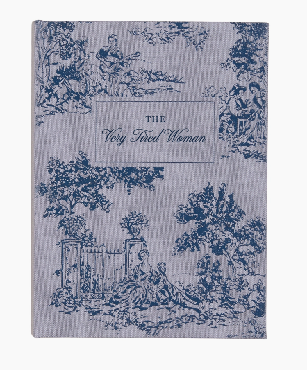 Notebook cover in purple toile-du-joue style with The Very tired Woman written in a calligraphy font.