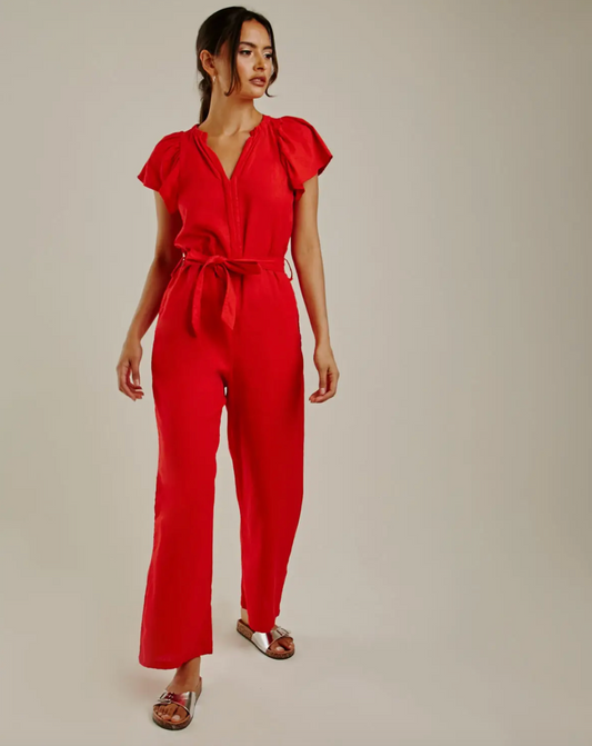 Red Wide Leg Belted Jumpsuit