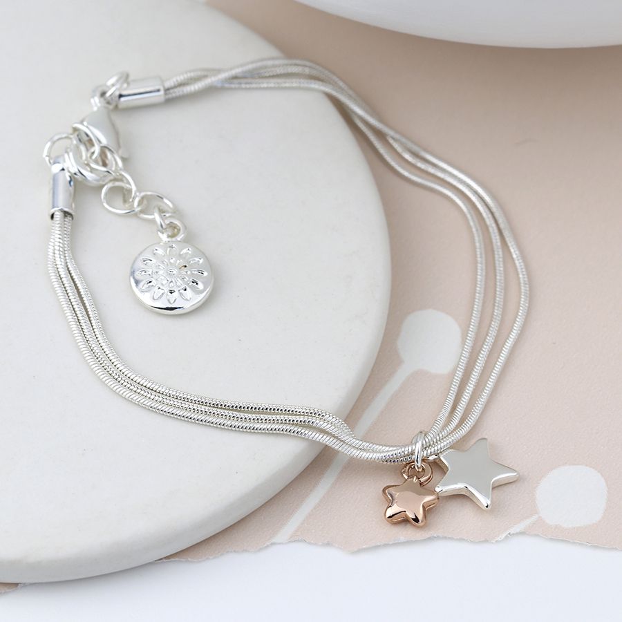 Triple Chain Bracelet with Rose Gold/Silver Stars