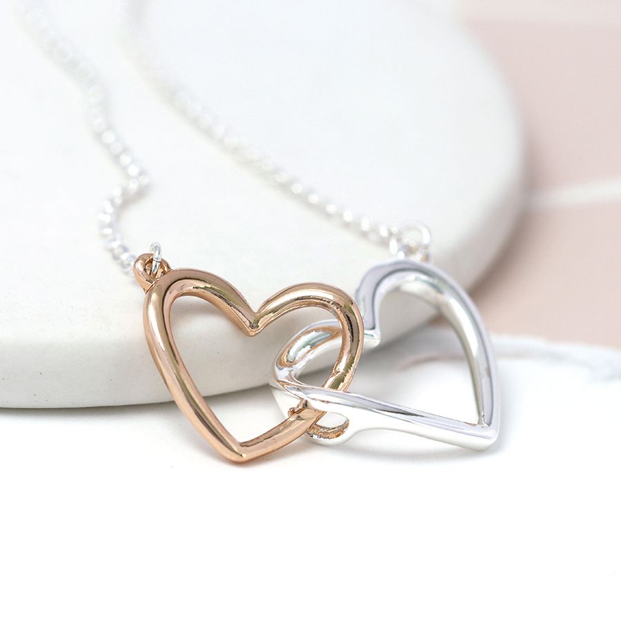 Silver Rose Gold Linked Hearts Necklace