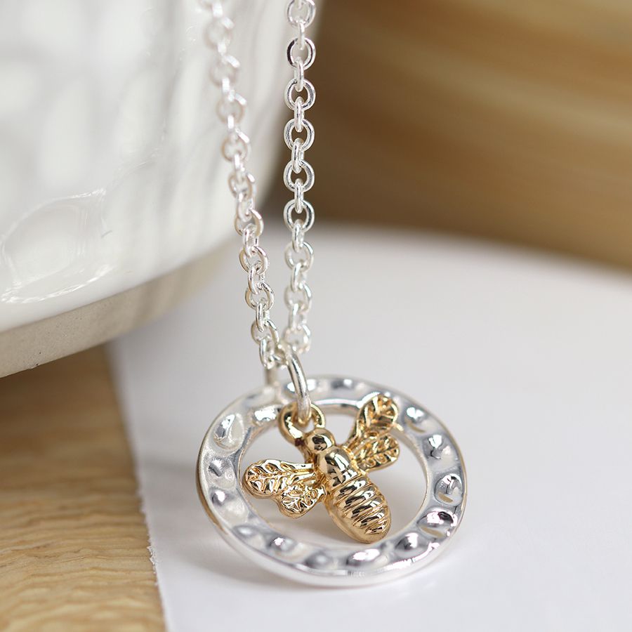 Silver plated hammered hoop and golden bee necklace