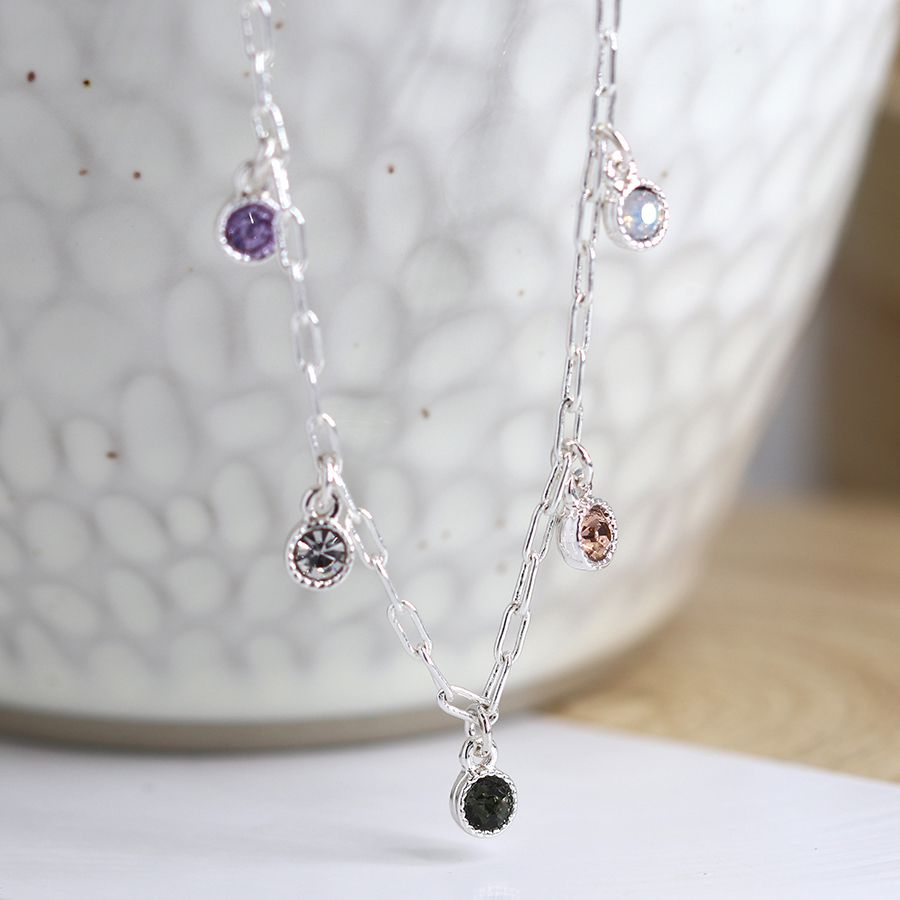 Silver plated fine chain and mixed crystals necklace