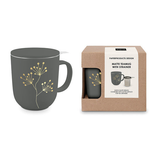 Gold & Grey Tea Mug With Lid & Tea Strainer