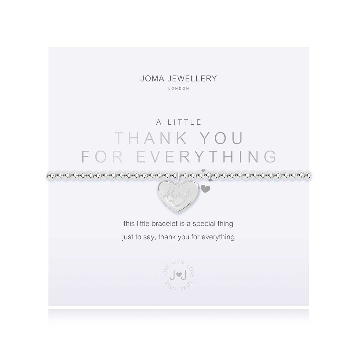 silver thank you heart charm bracelet by Joma jewellery