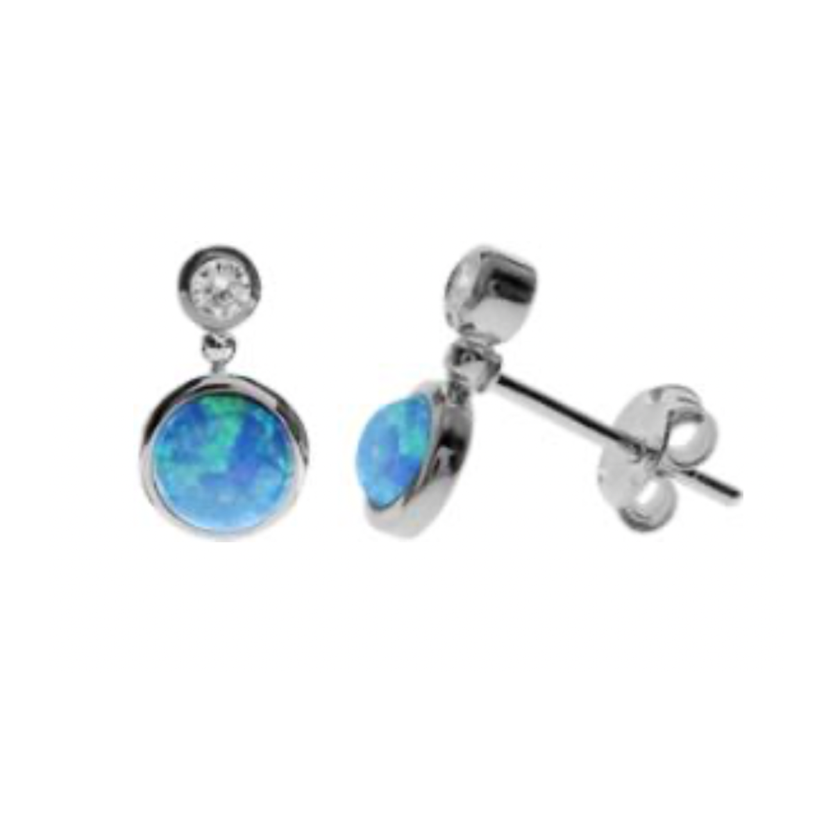 Round Blue Opalite  & Cubic Ziroconia Stud Earrings
