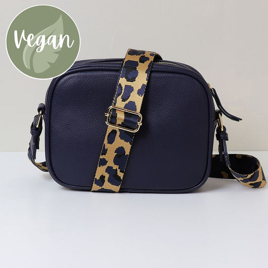 Navy Vegan Leather camera bag with animal print strap
