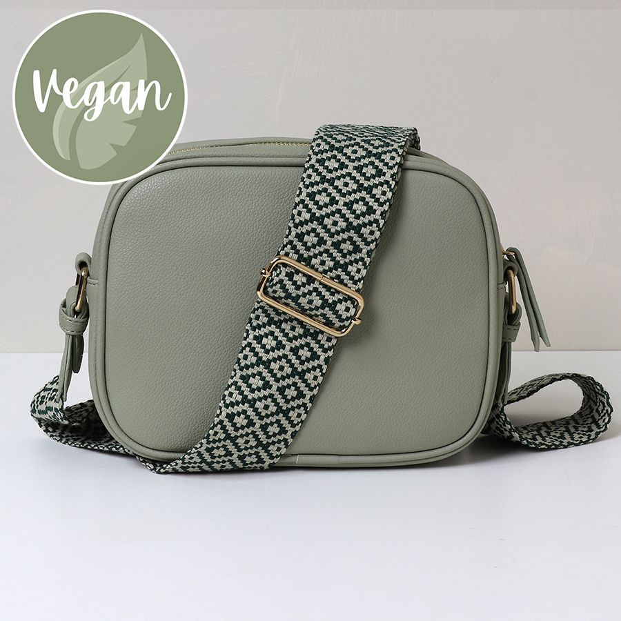 Pale green Vegan Leather camera bag with diamond strap