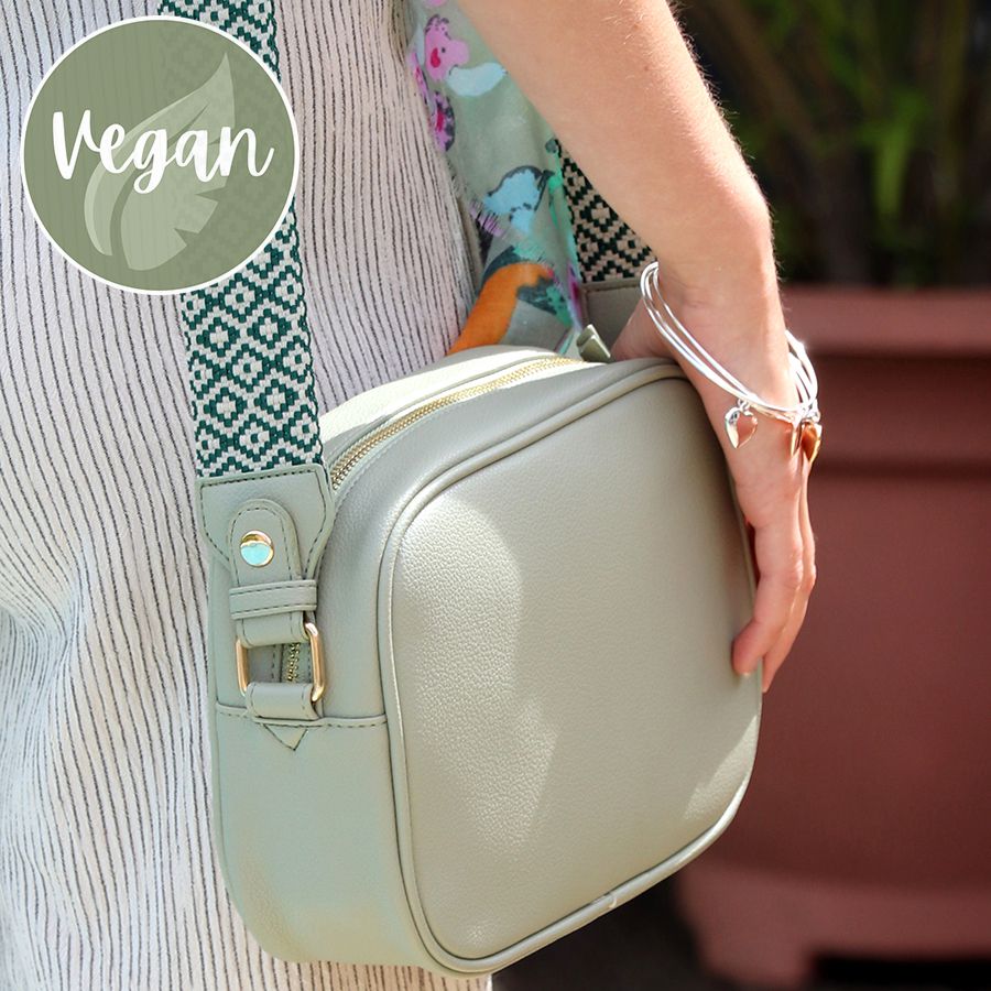 Pale green Vegan Leather camera bag with diamond strap