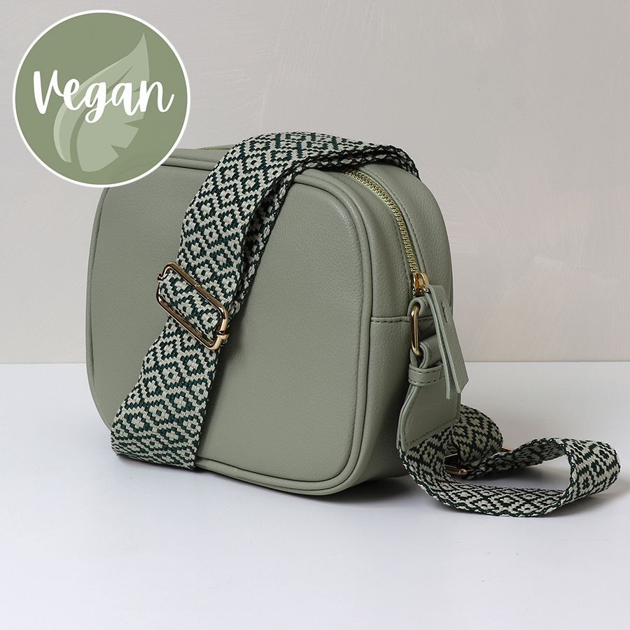 Pale green Vegan Leather camera bag with diamond strap