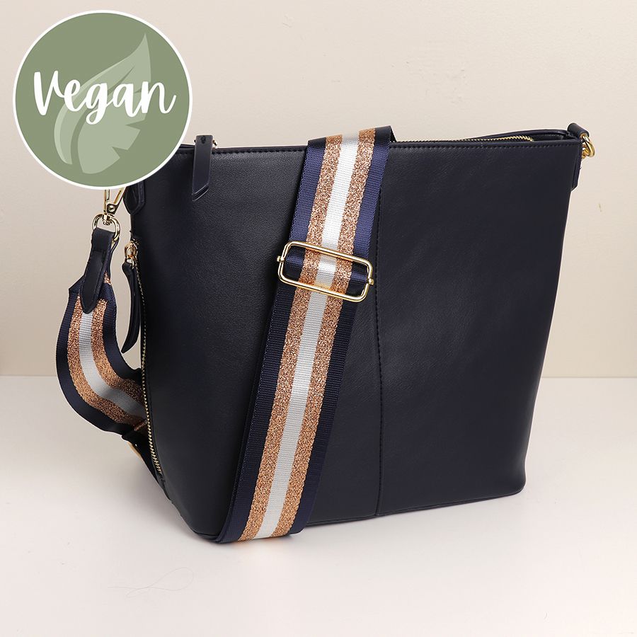 Navy Vegan Leather shoulder bag with stripe strap