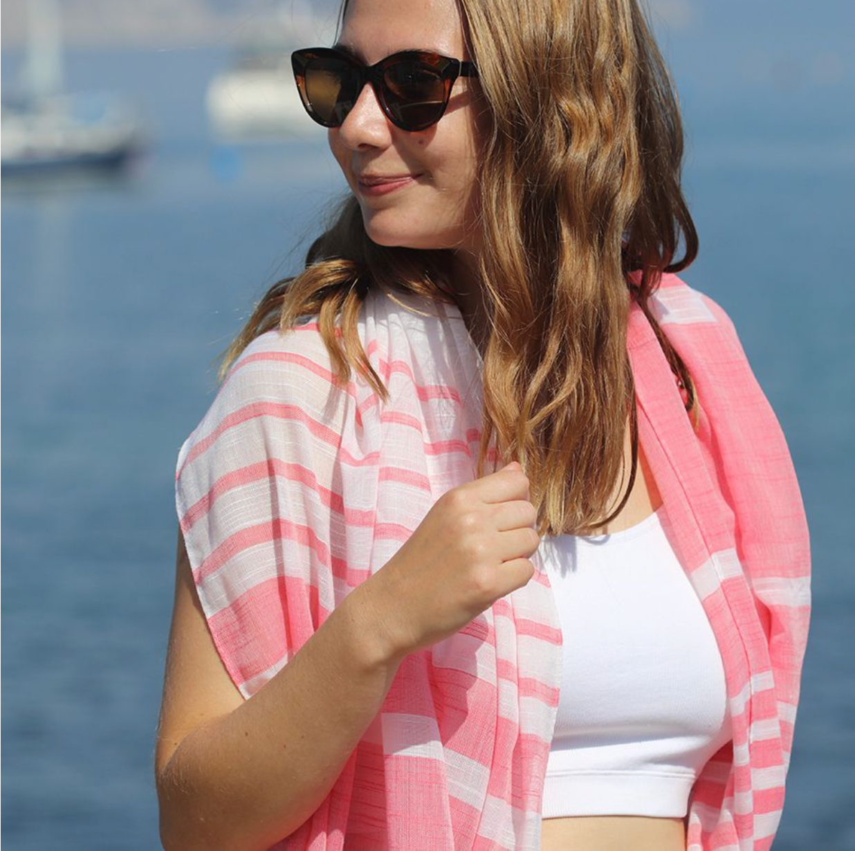 Coral & White Summer Scarf Worn by Model