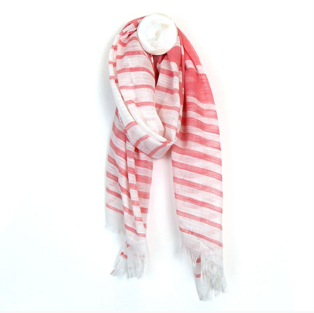 Coral & White Striped Summer Scarf