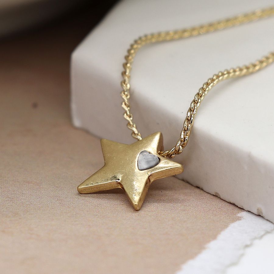 Gold star with inlay quartz heart pendant necklace