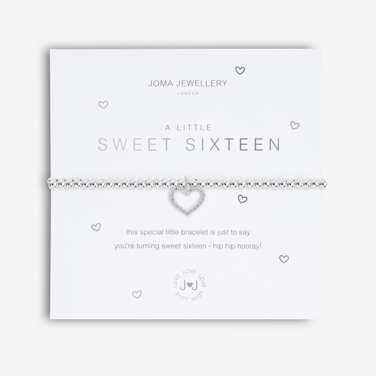 Joma Jewellery sweet sixteen birthday bracelet with pave heart charm on presentation card