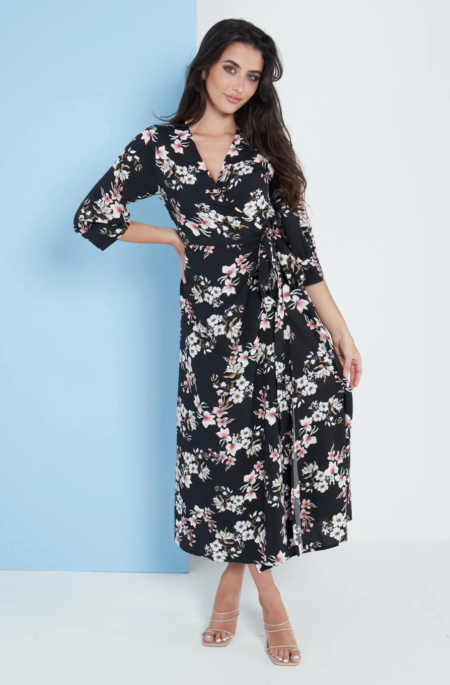Midi Wrap Dress in Black Floral Print