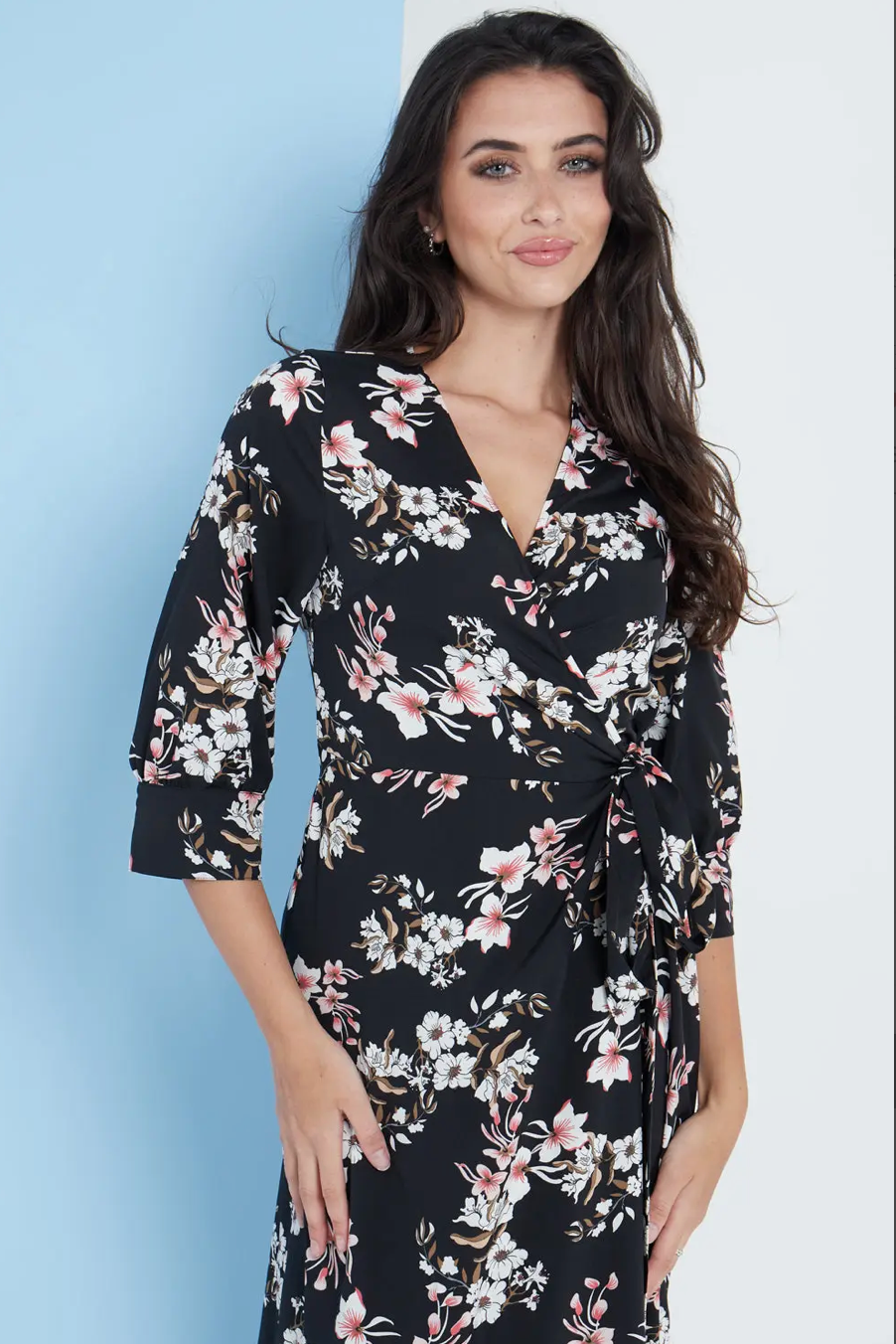 Midi Wrap Dress in Black Floral Print