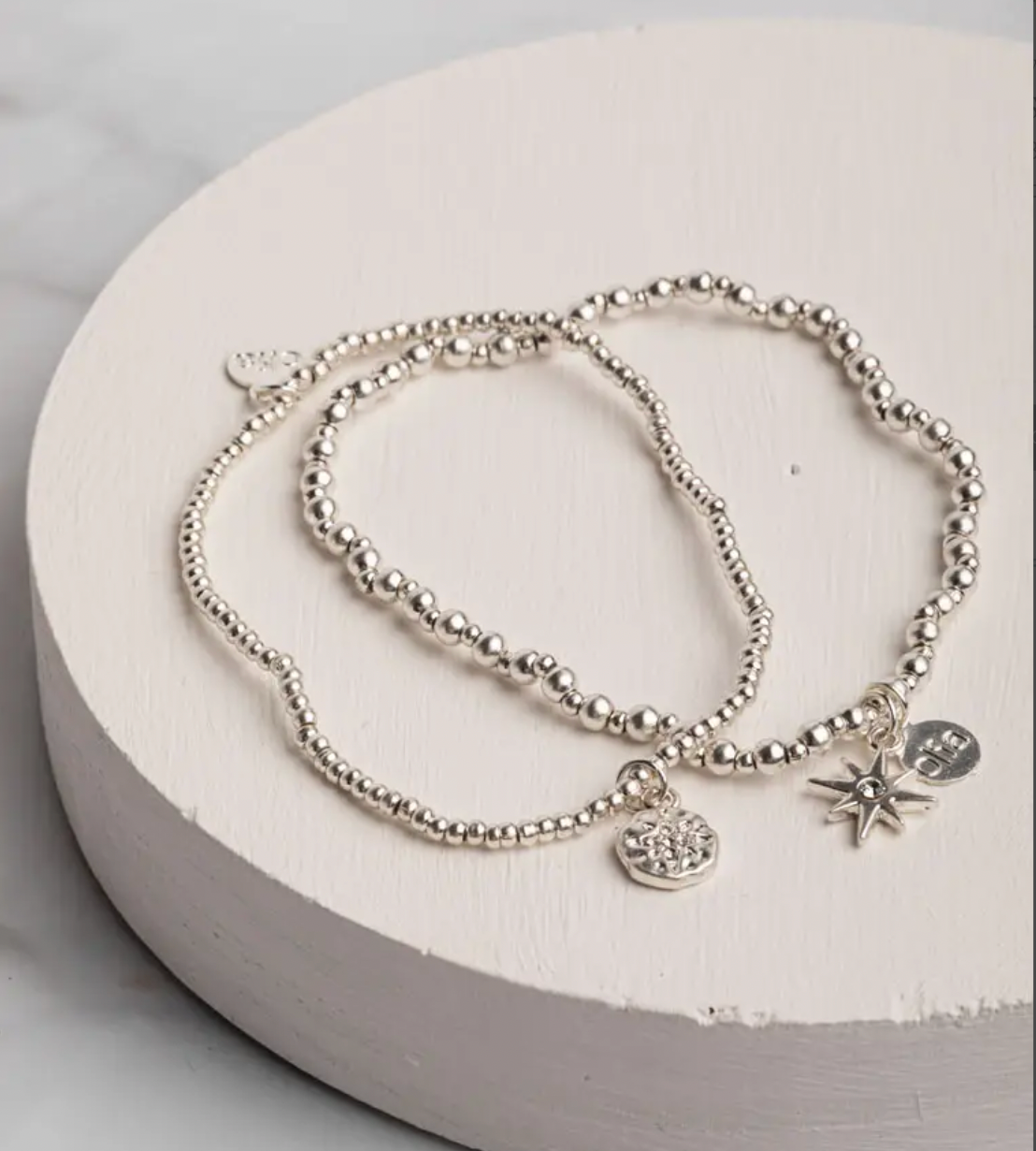 Charity Set of 2 Silver Starburst & Coin Charm Beaded Bracelets