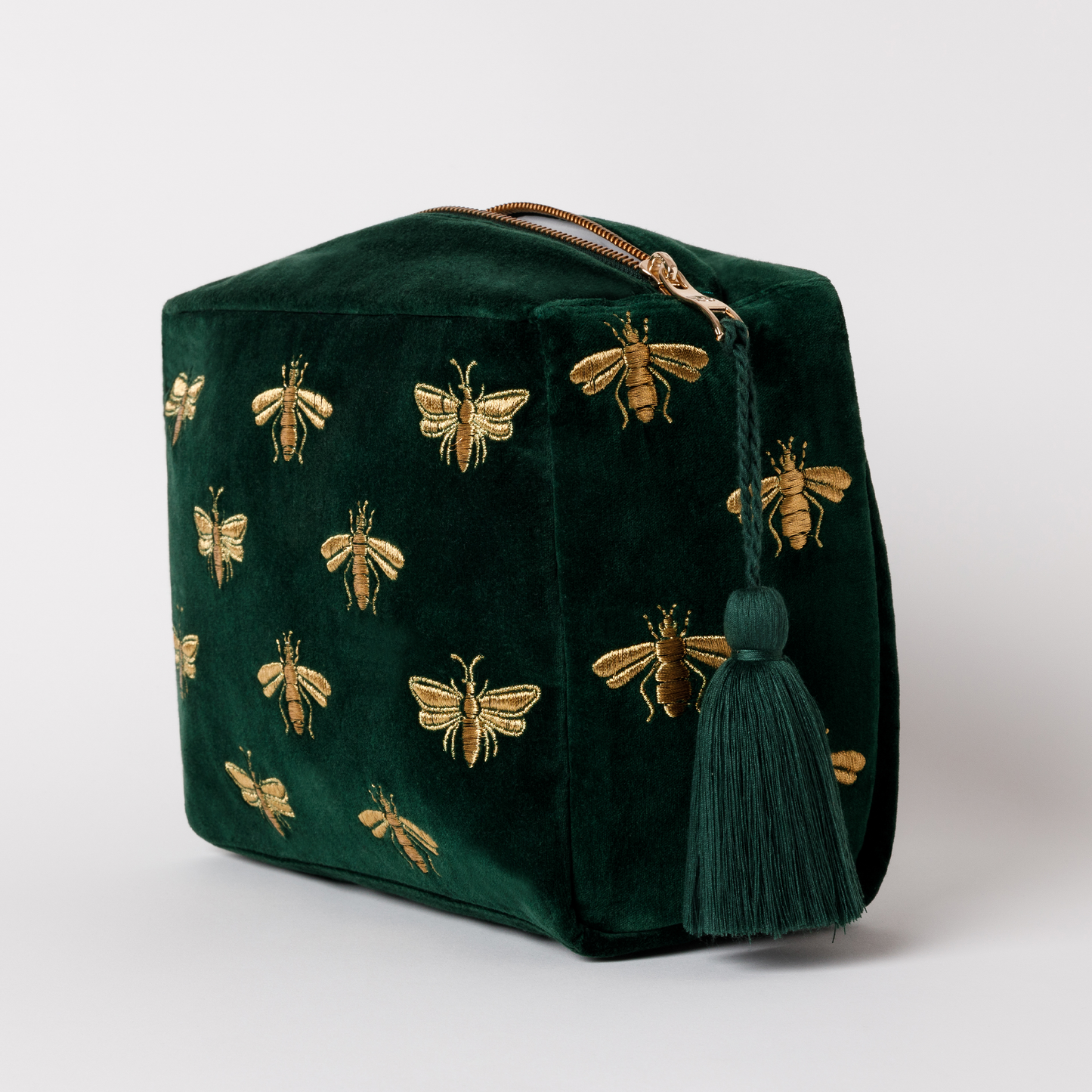 Forest Green Velvet & Golden Bee Wash Bag