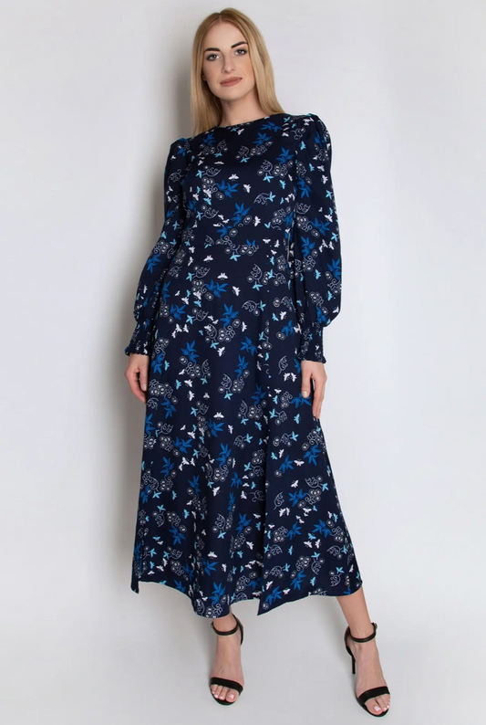 Shirred Sleeve Midi Floral Dress