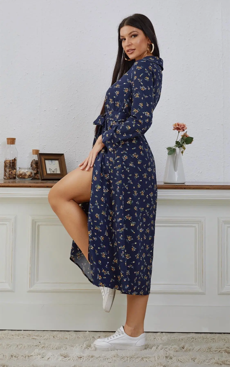 Navy Floral Print Midi Shirt Dress