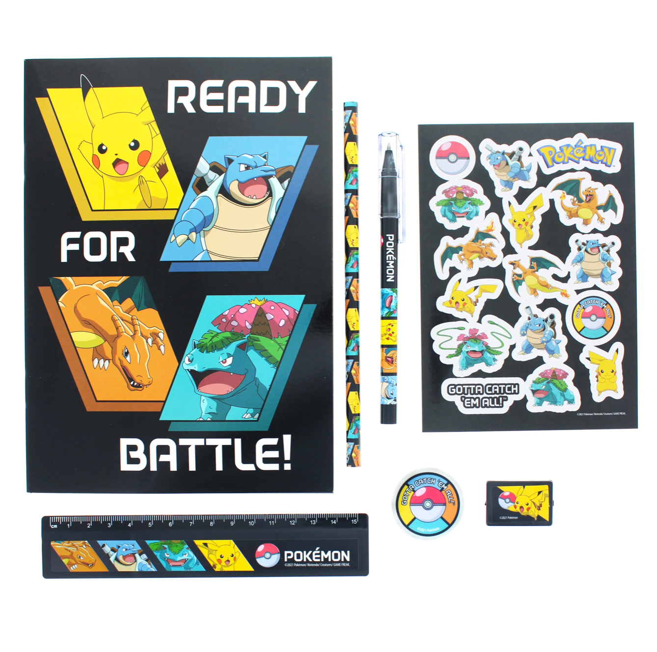 pokemon stationery set with A5 notebook, pencil, pen, stickers and ruler