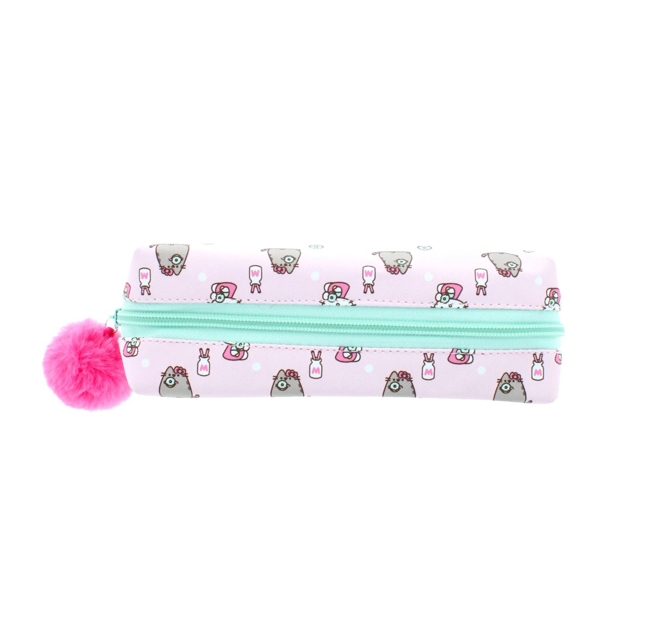 pencil case with pink pom-pom featuring hello kitty & pusheen showing top view with blue zip