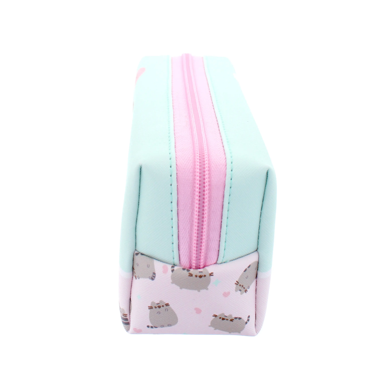 mint green and pink pencil case featuring Pusheen and pink zip