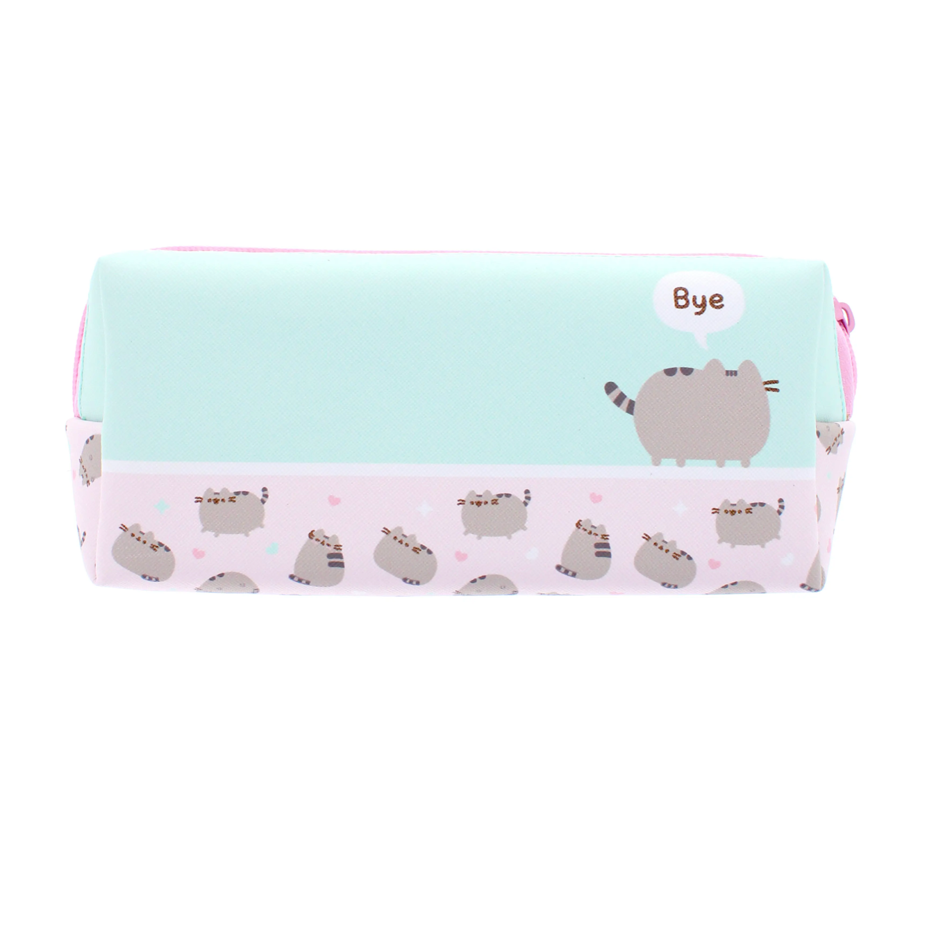 mint green and pink pencil case featuring Pusheen saying 'bye'