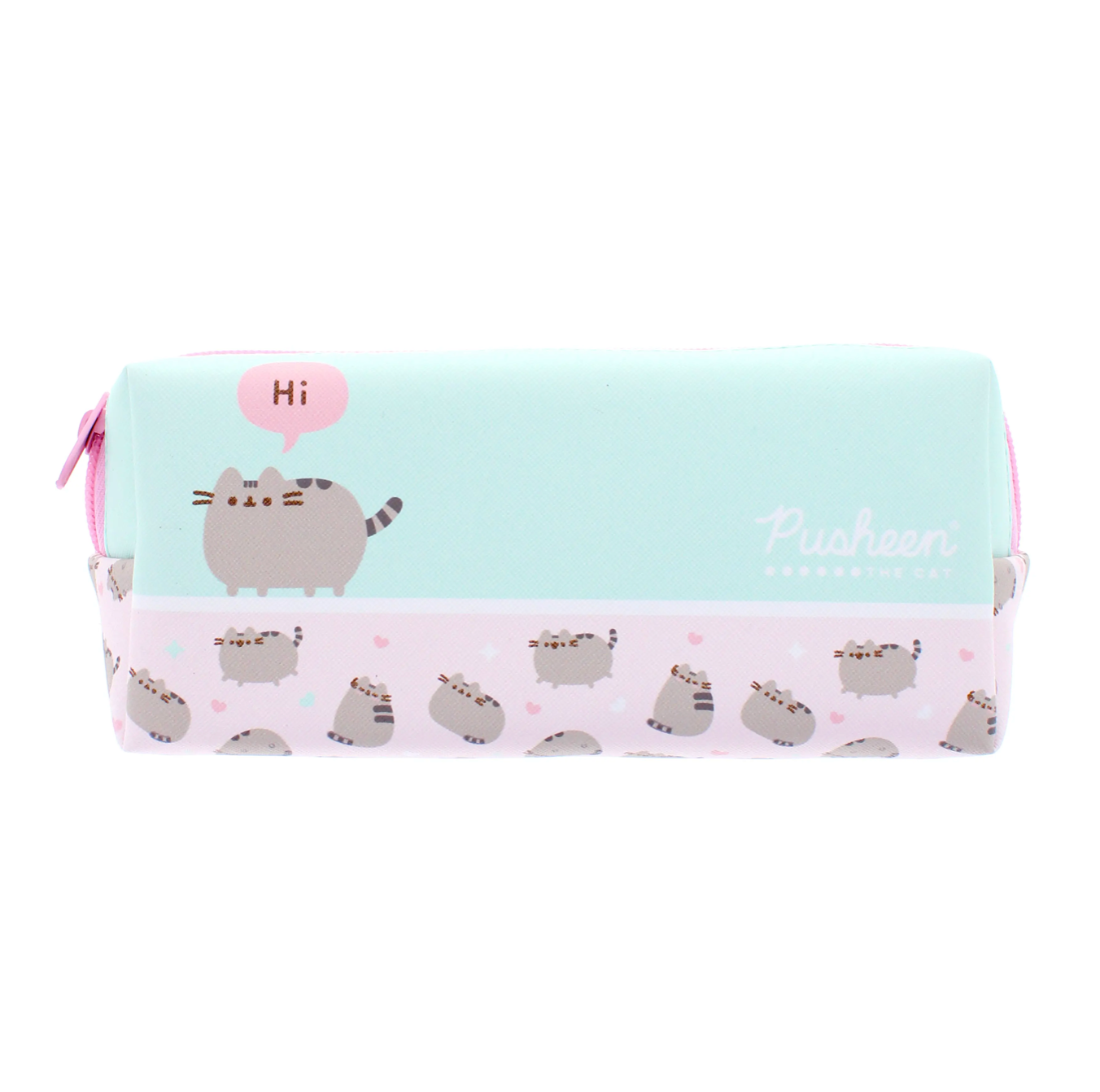 mint green and pink pencil case featuring Pusheen saying 'hi'