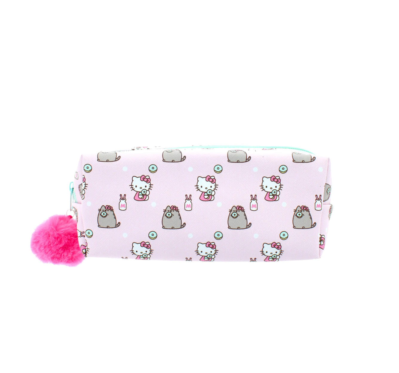 pencil case with pink pom-pom featuring hello kitty & pusheen