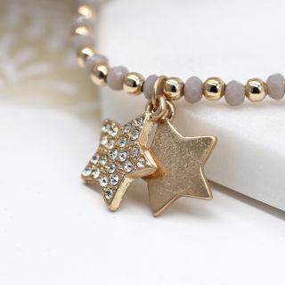 Gold and grey bead bracelet with double star and crystal charms