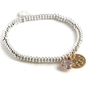 Silver plated bead bracelet with golden disc and crystal