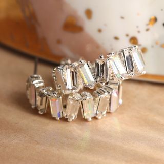 Silver plated staggered crystal hoop earrings